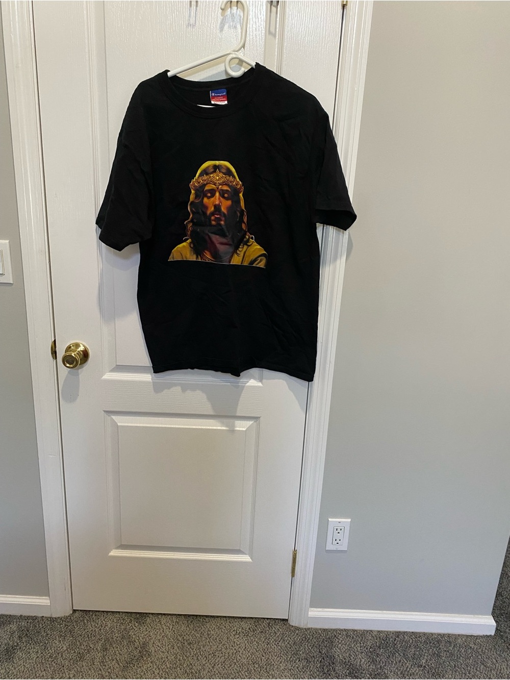 Champion Black Short Sleeve Tee with Graphic Jesus Portrait